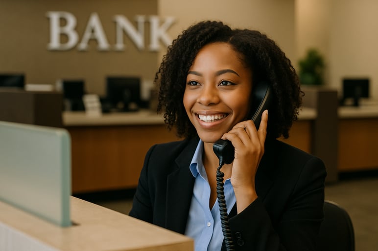 photographic A Bank teller on the phone speaking to a customer