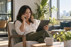 Woman using a tablet in a bright office lounge