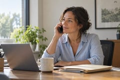 Woman on a phone call at her home office desk