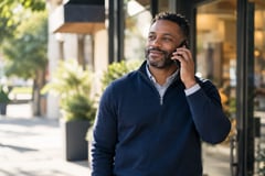 Business owner listening to a recorded phone announcement