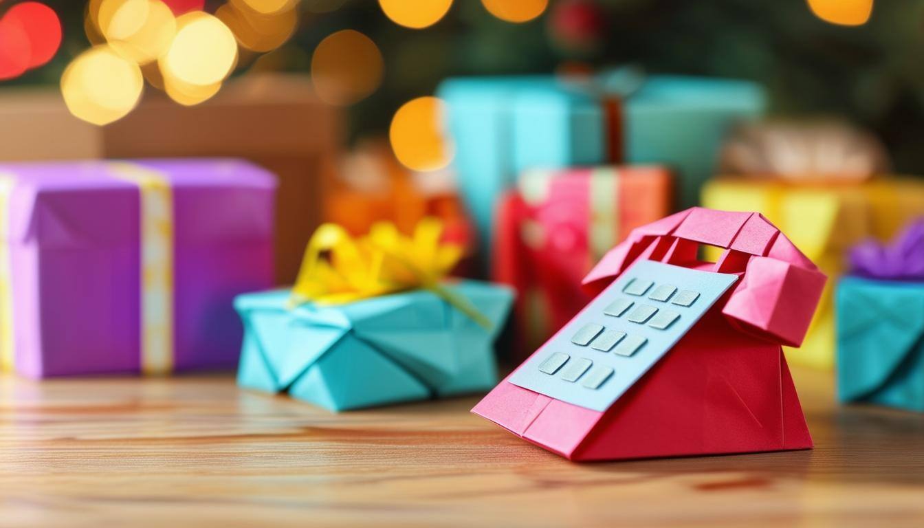 Business phone in front of holiday gifts
