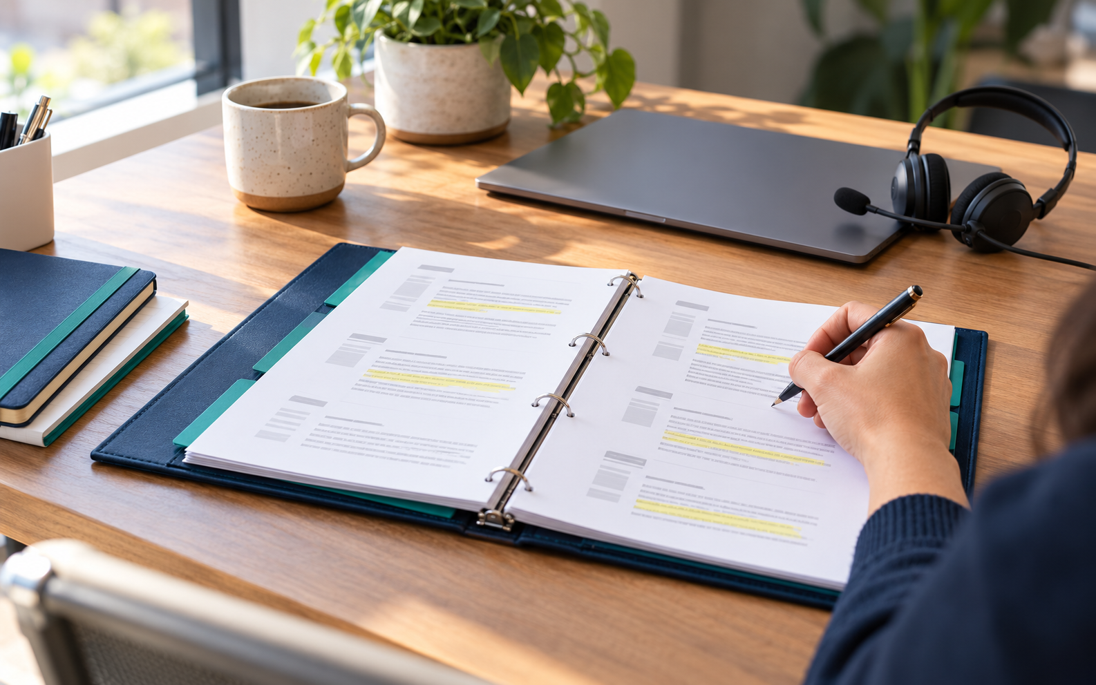 Binder of printed phone scripts with highlighted lines on a desk next to a headset and laptop