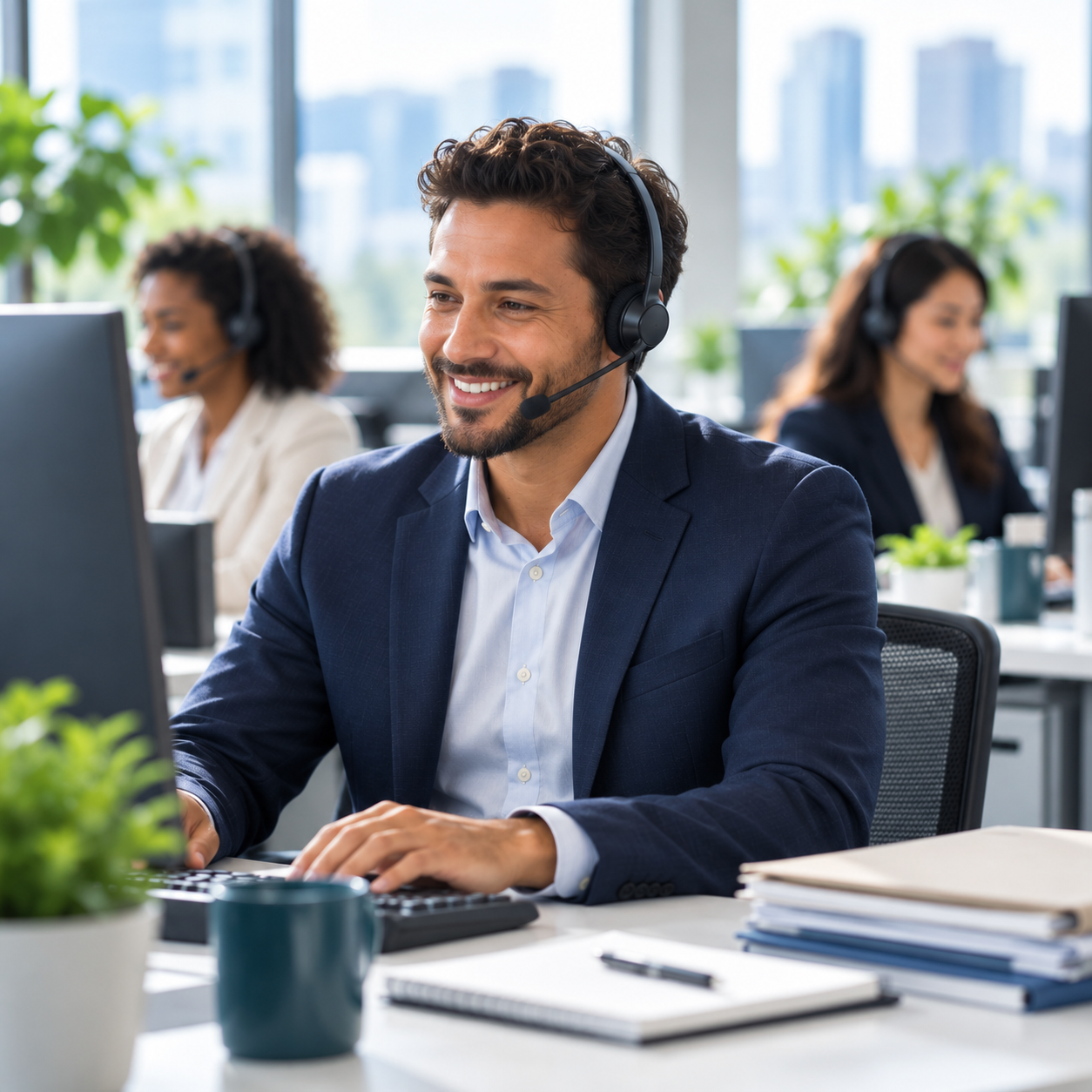 Insurance customer service agents wearing headsets at desks in a bright contact center