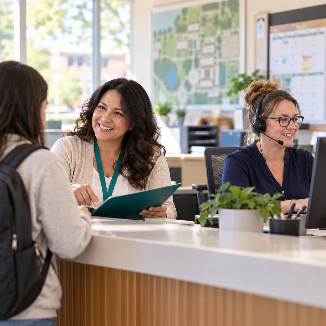 Campus front desk staff member helping a student while a colleague wearing a headset answers calls