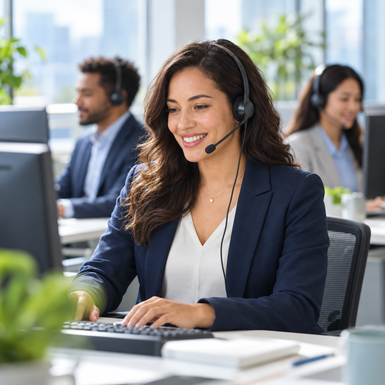 Bank customer service agents wearing headsets at desks in a bright contact center