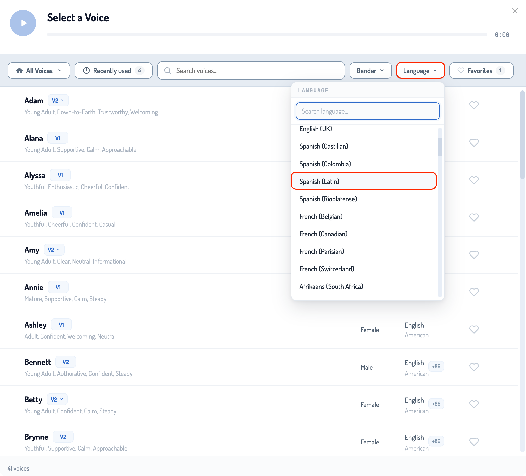 Voice picker with language filter open