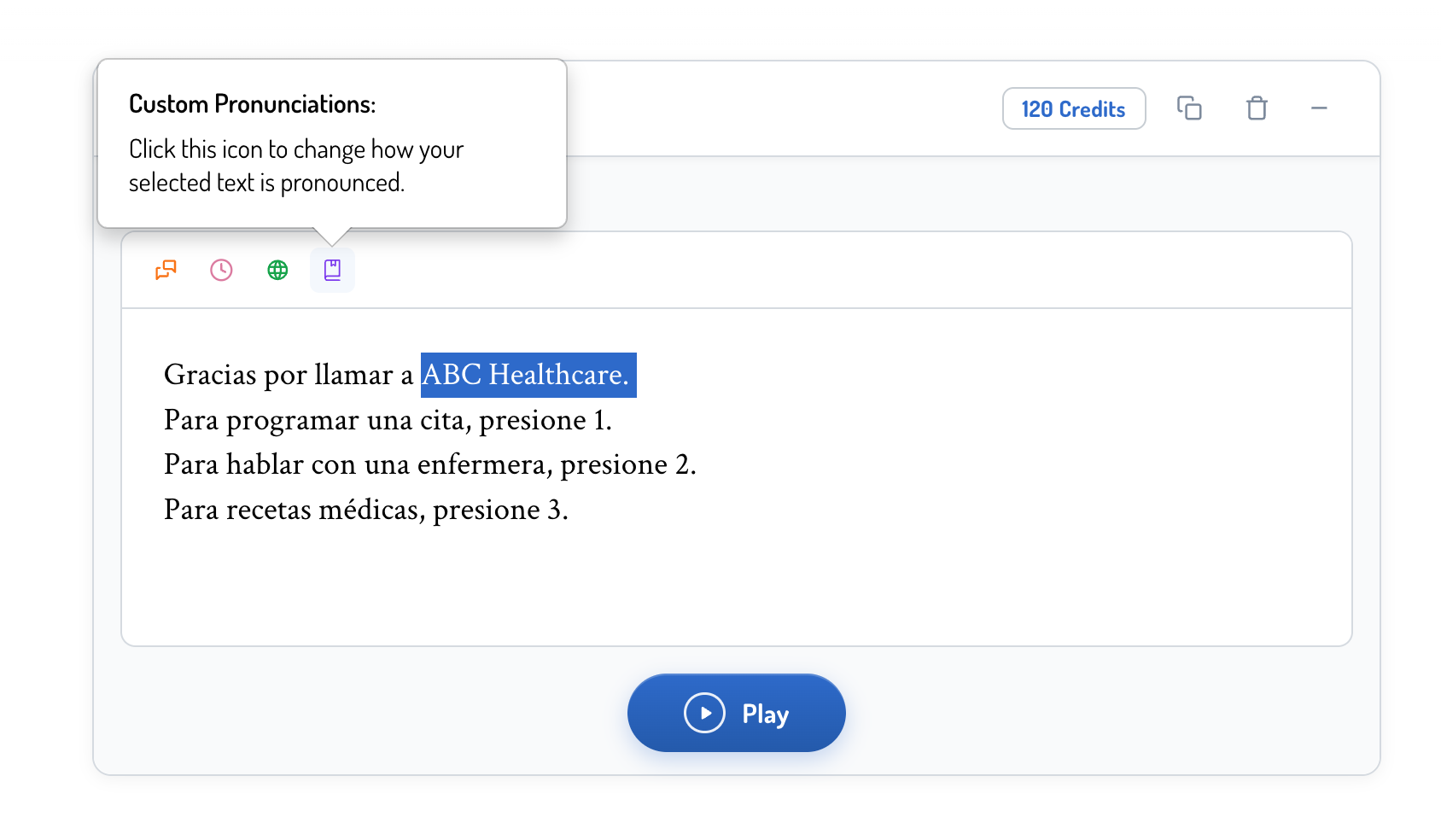 Highlighted text with Custom Pronunciations icon tooltip