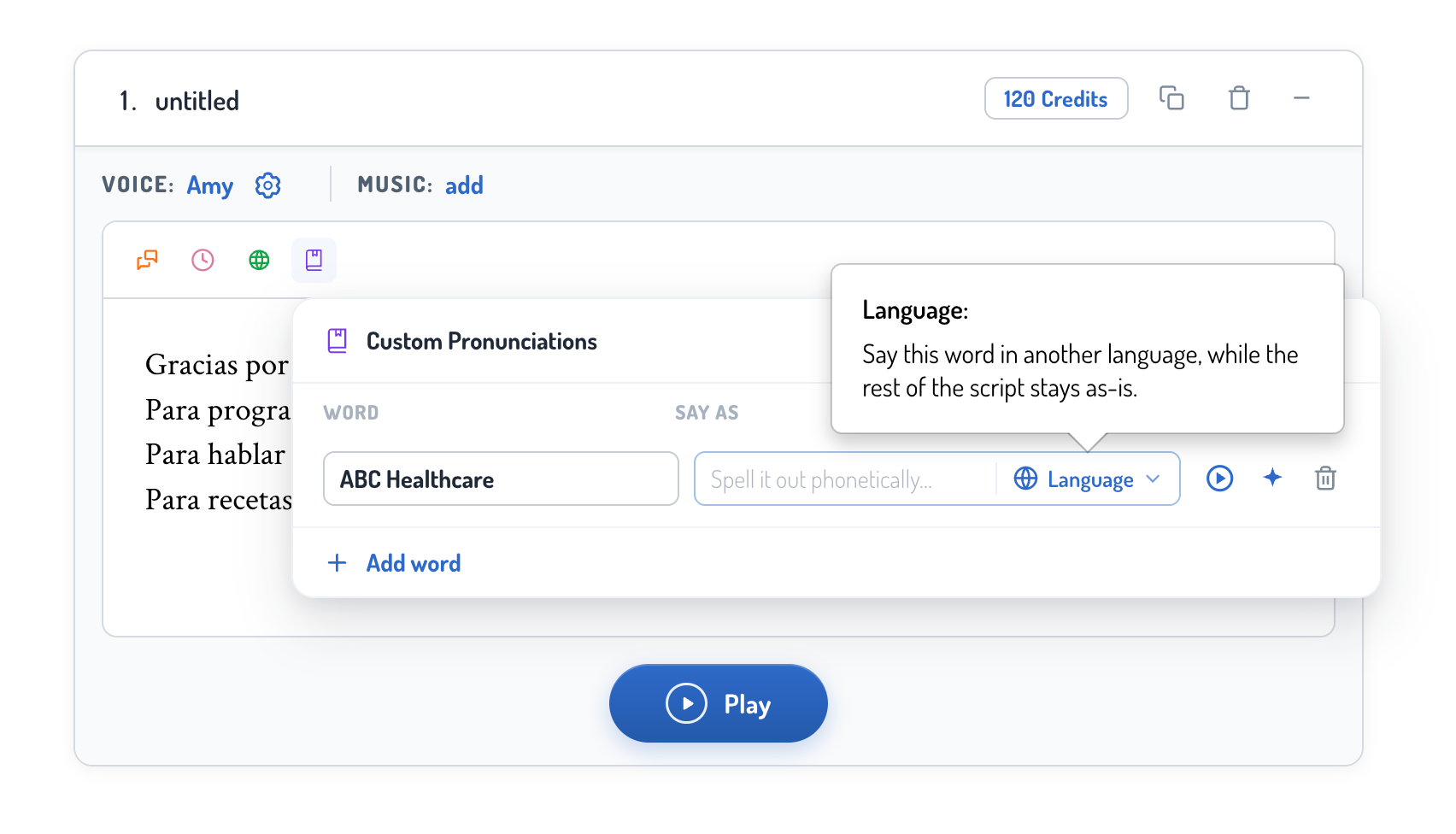 Custom Pronunciations popup with Language dropdown