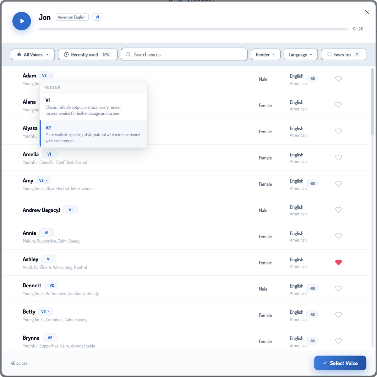 Phonzai voice picker with the V1/V2 engine dropdown expanded, showing model descriptions