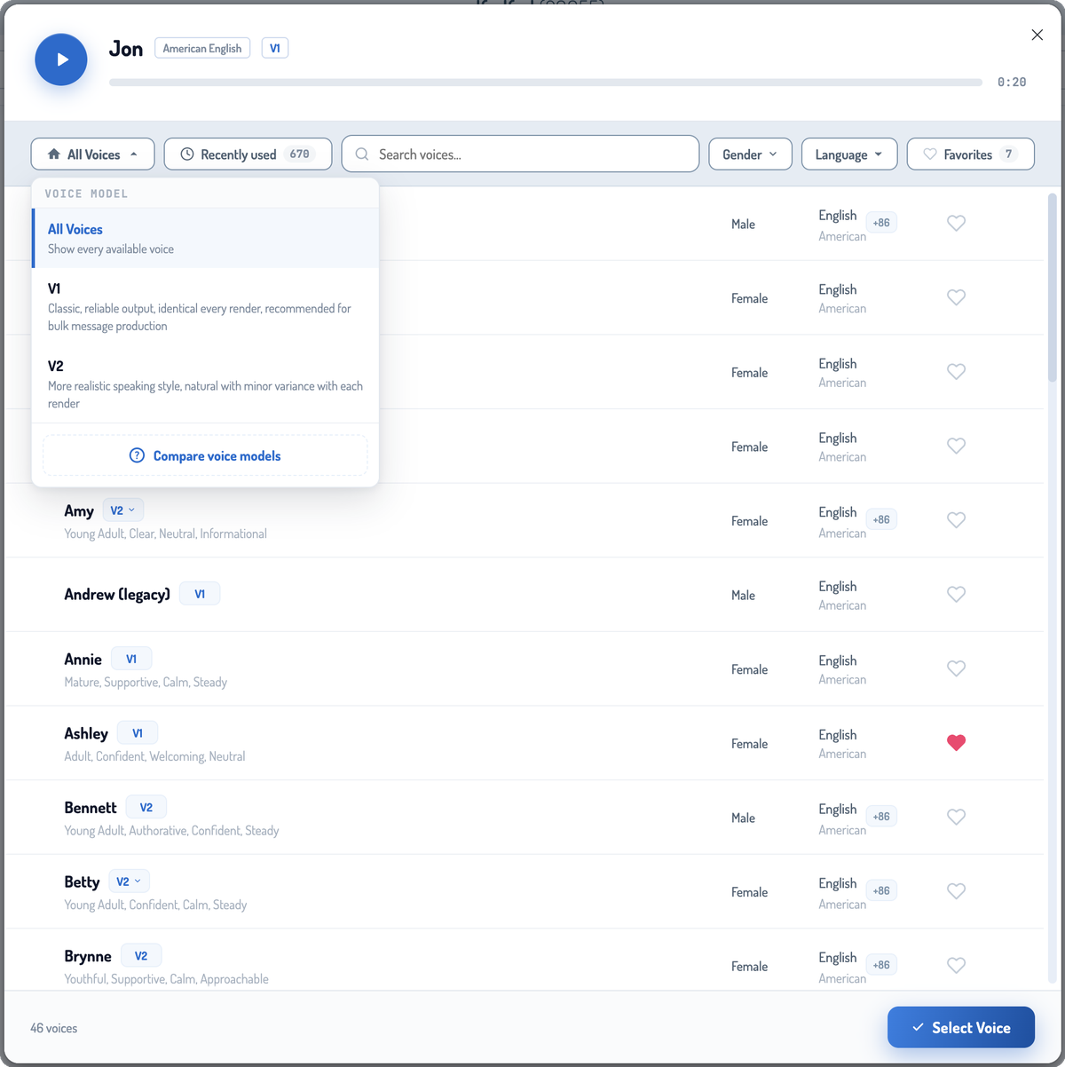Phonzai voice picker with the All Voices filter open, showing model options