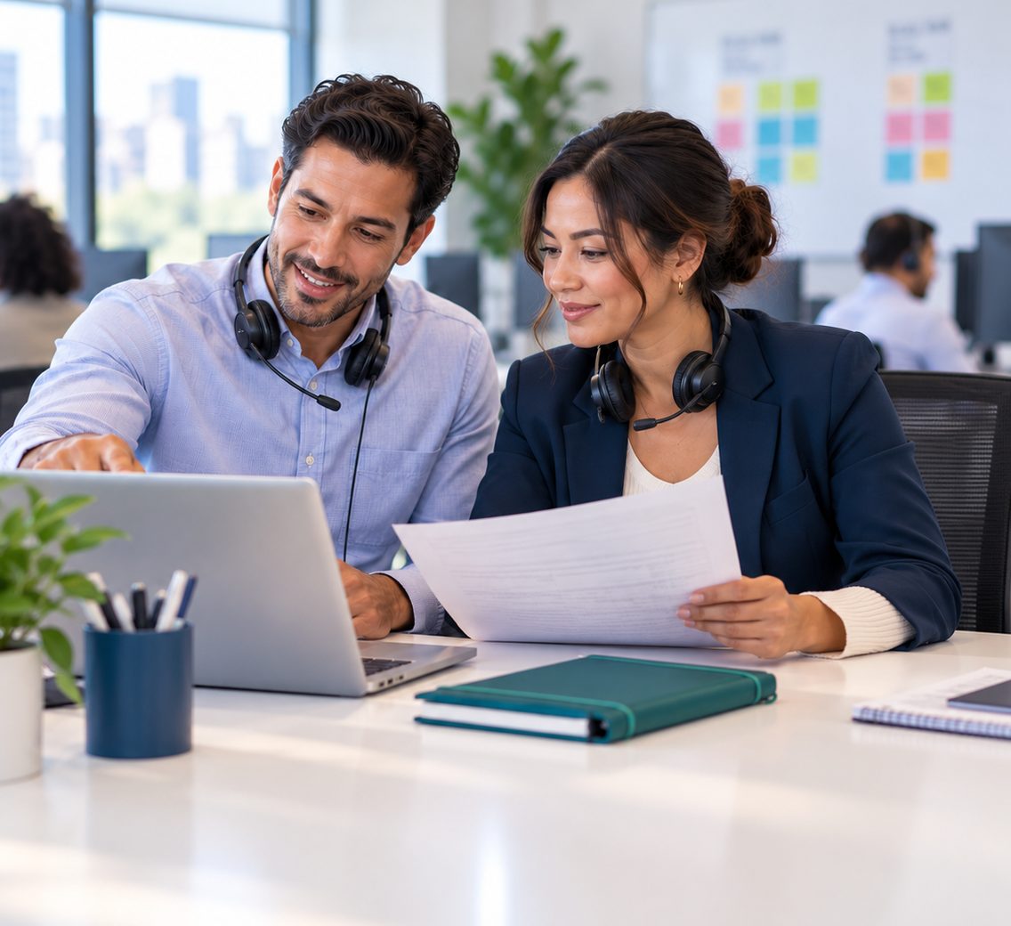 BPO team leads wearing headsets review call scripts together at a laptop in a bright open-plan office