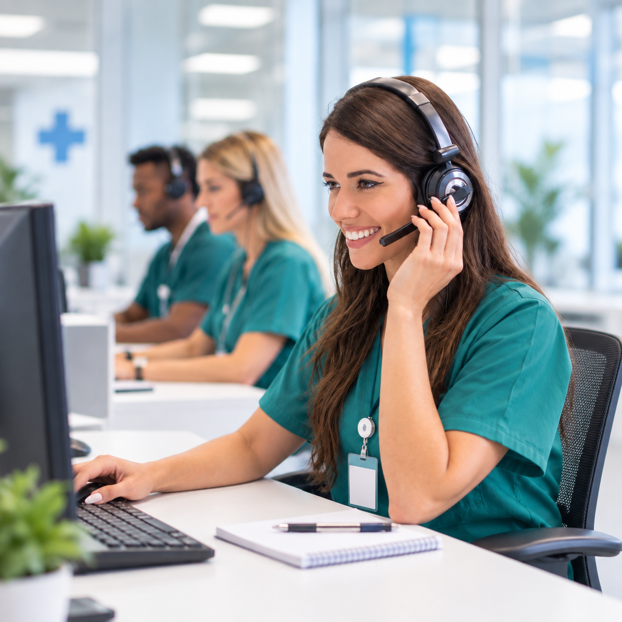 Healthcare contact center agents in teal scrubs taking patient calls
