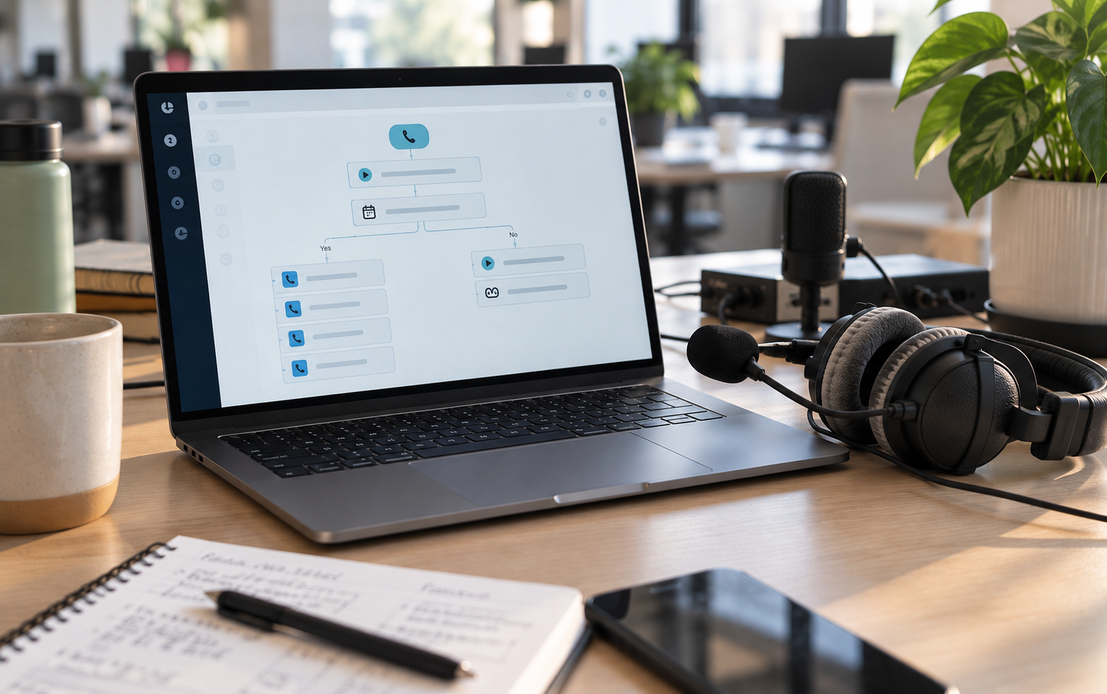 Laptop showing an IVR call flow next to a headset and microphone